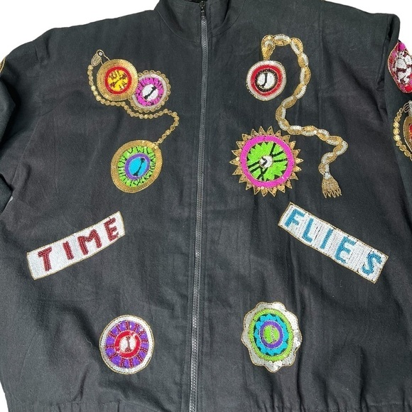 VINTAGE MODI DENIM Black Sequined Time Flies Jacket Coat Women's M 8-10 - Picture 4 of 17